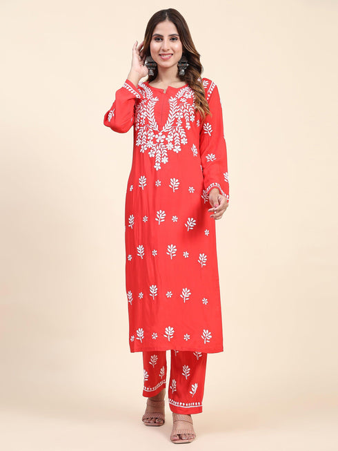 Fizaa Chikankari Long Modal Kurta Set - RED